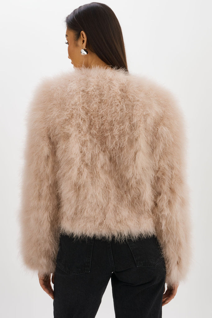 From the brand LaMarque Women's Deora Iconic Feather Jacket in Doeskin - abigail fashion