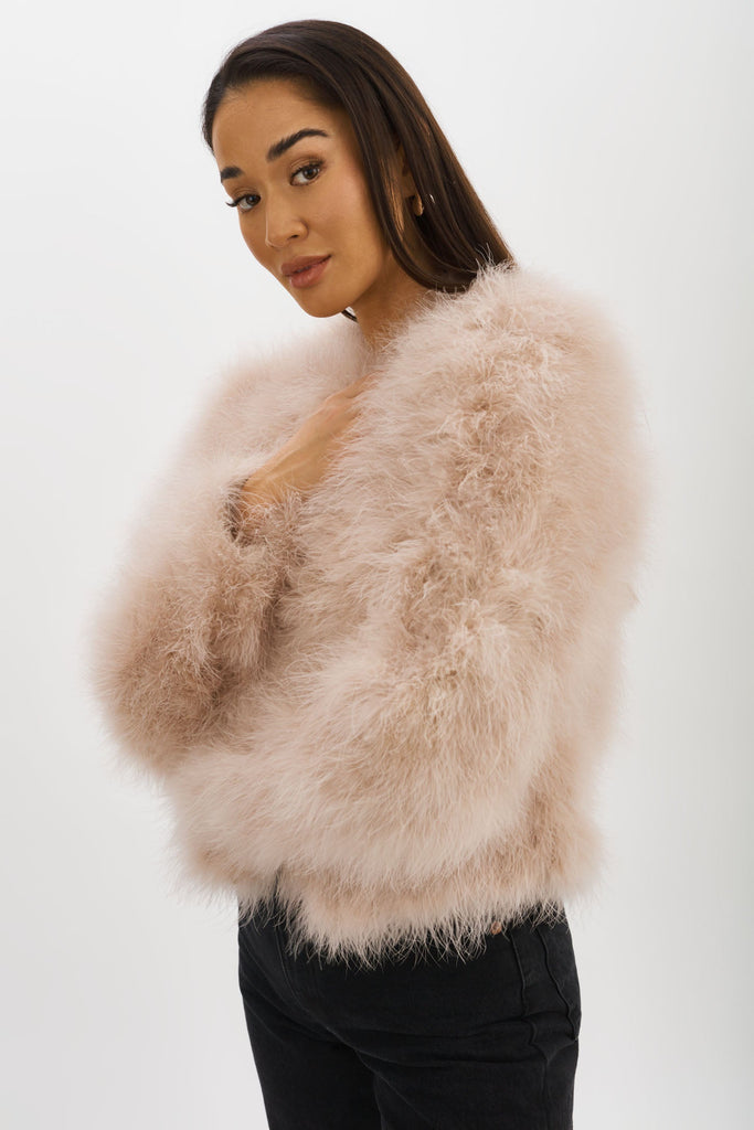 From the brand LaMarque Women's Deora Iconic Feather Jacket in Doeskin - abigail fashion