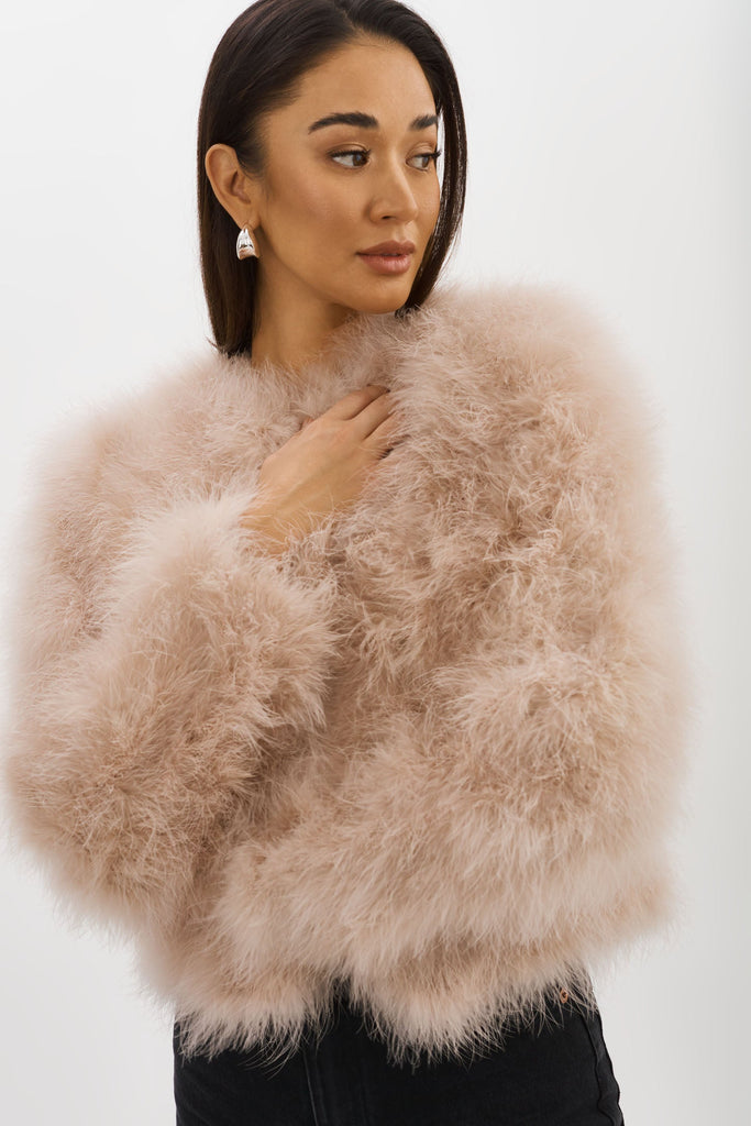 From the brand LaMarque Women's Deora Iconic Feather Jacket in Doeskin - abigail fashion