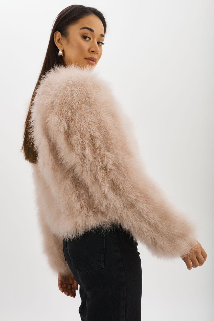 From the brand LaMarque Women's Deora Iconic Feather Jacket in Doeskin - abigail fashion