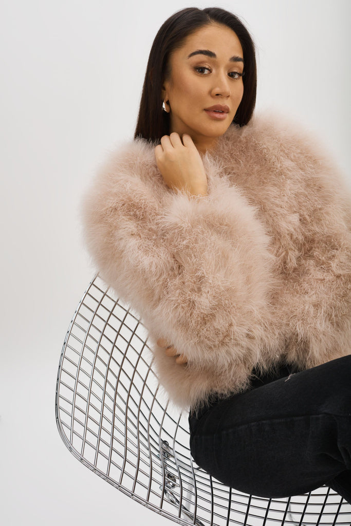 From the brand LaMarque Women's Deora Iconic Feather Jacket in Doeskin - abigail fashion