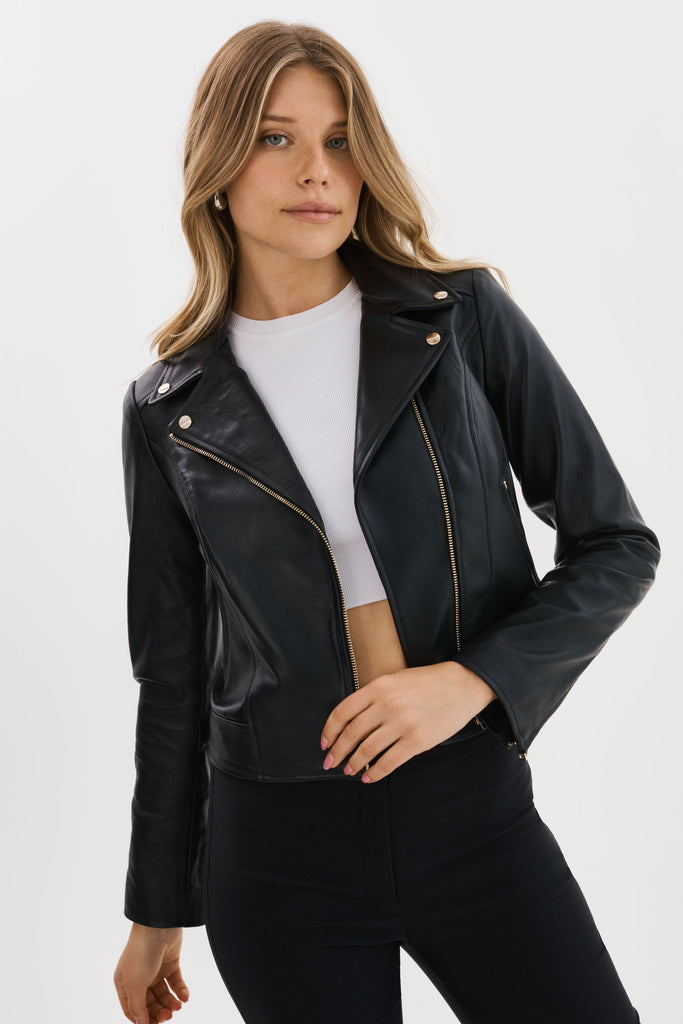 From the brand LaMarque Women's Kelsey Biker Leather Jacket in Black - abigail fashion