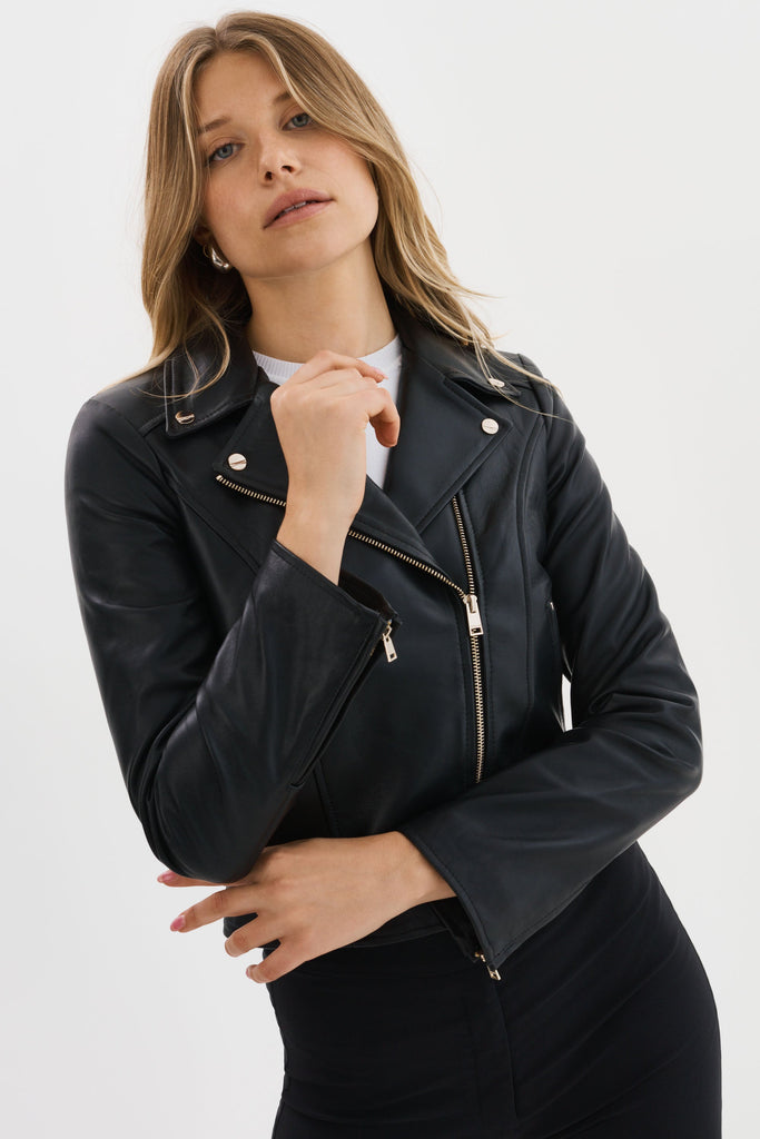 From the brand LaMarque Women's Kelsey Biker Leather Jacket in Black - abigail fashion