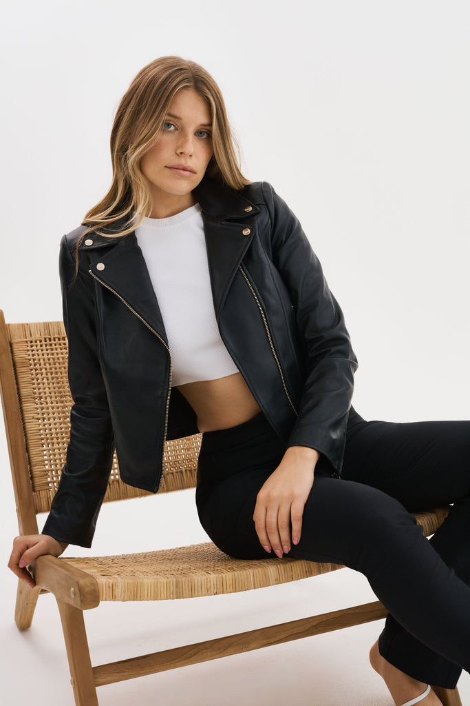 From the brand LaMarque Women's Kelsey Biker Leather Jacket in Black - abigail fashion