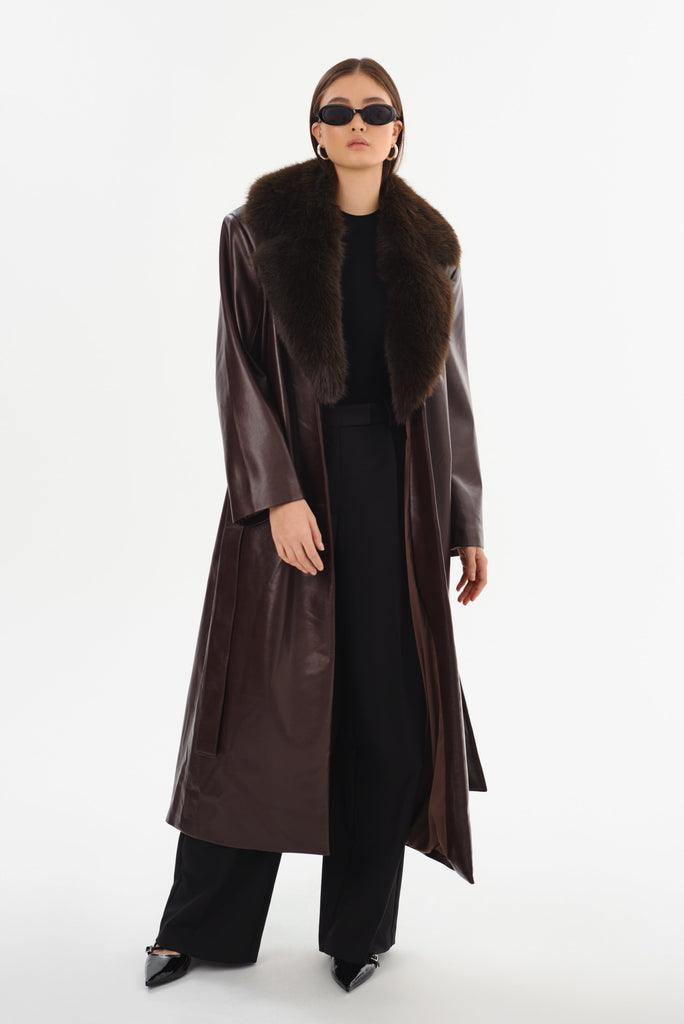 From the brand LaMarque Women's Sarita Recycled Leather Maxi Coat in Mahogany - abigail fashion