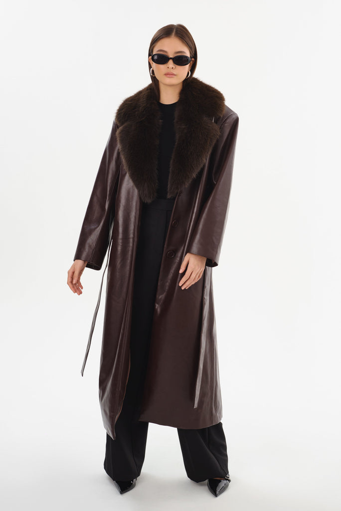 From the brand LaMarque Women's Sarita Recycled Leather Maxi Coat in Mahogany - abigail fashion
