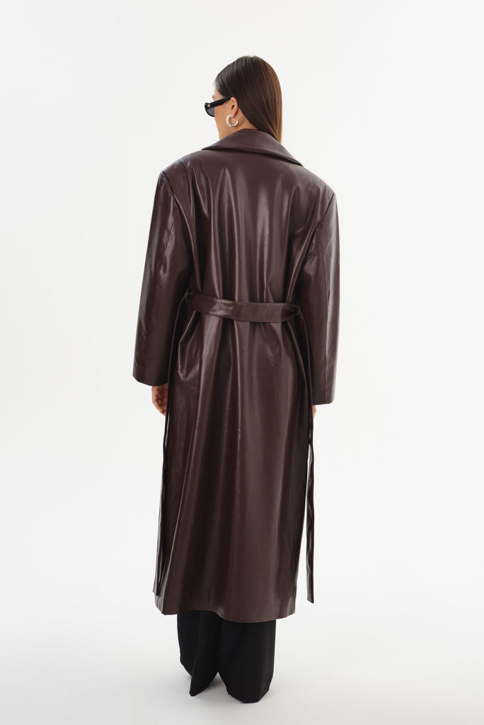 From the brand LaMarque Women's Sarita Recycled Leather Maxi Coat in Mahogany - abigail fashion
