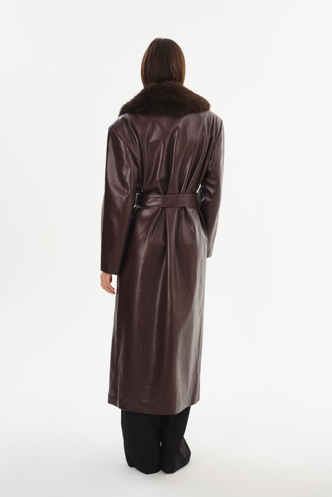 From the brand LaMarque Women's Sarita Recycled Leather Maxi Coat in Mahogany - abigail fashion