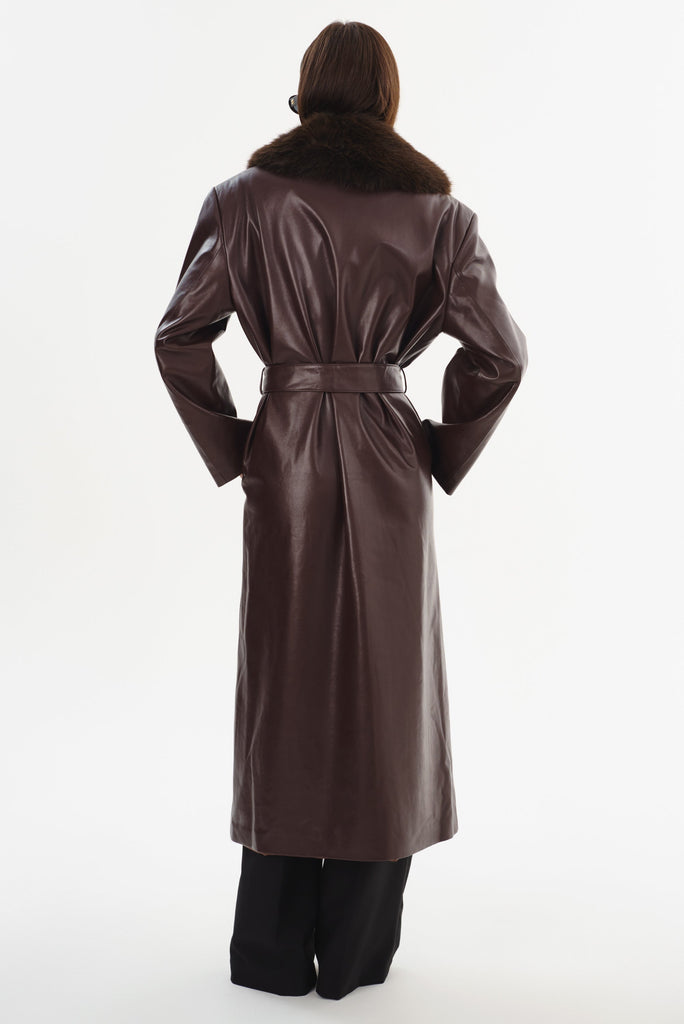 From the brand LaMarque Women's Sarita Recycled Leather Maxi Coat in Mahogany - abigail fashion