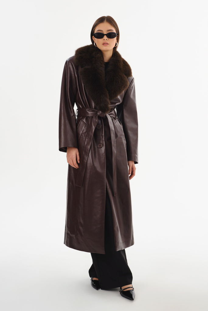 From the brand LaMarque Women's Sarita Recycled Leather Maxi Coat in Mahogany - abigail fashion