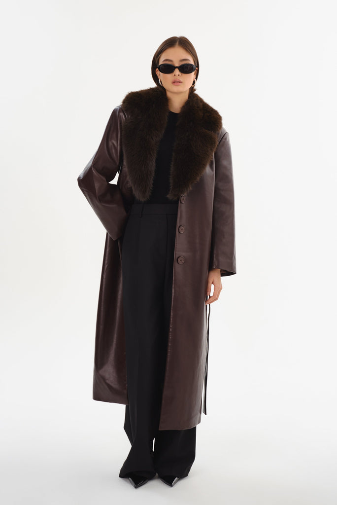 From the brand LaMarque Women's Sarita Recycled Leather Maxi Coat in Mahogany - abigail fashion