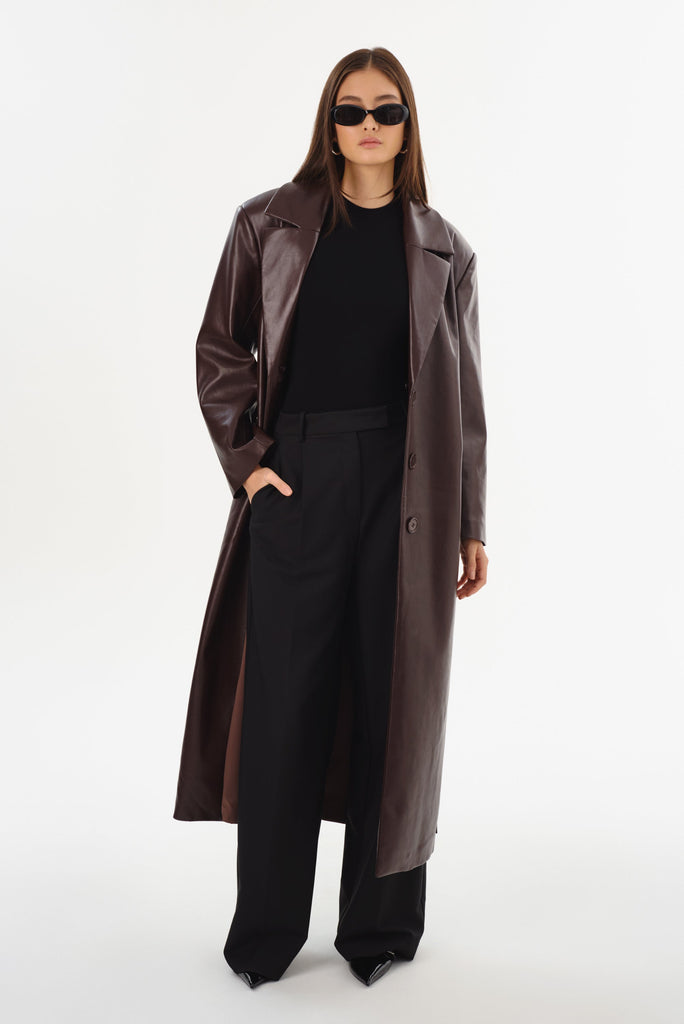 From the brand LaMarque Women's Sarita Recycled Leather Maxi Coat in Mahogany - abigail fashion