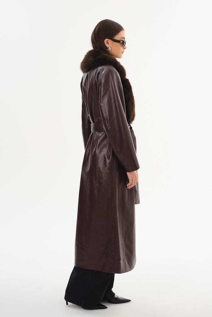 From the brand LaMarque Women's Sarita Recycled Leather Maxi Coat in Mahogany - abigail fashion