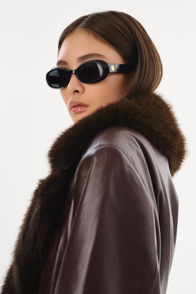 From the brand LaMarque Women's Sarita Recycled Leather Maxi Coat in Mahogany - abigail fashion