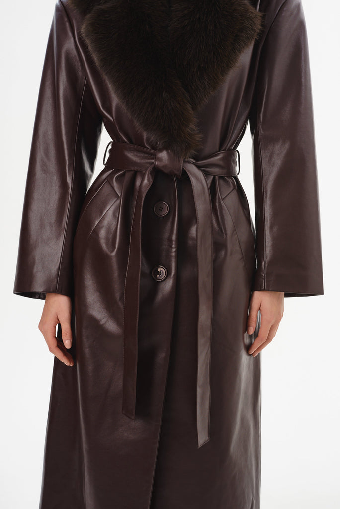 From the brand LaMarque Women's Sarita Recycled Leather Maxi Coat in Mahogany - abigail fashion