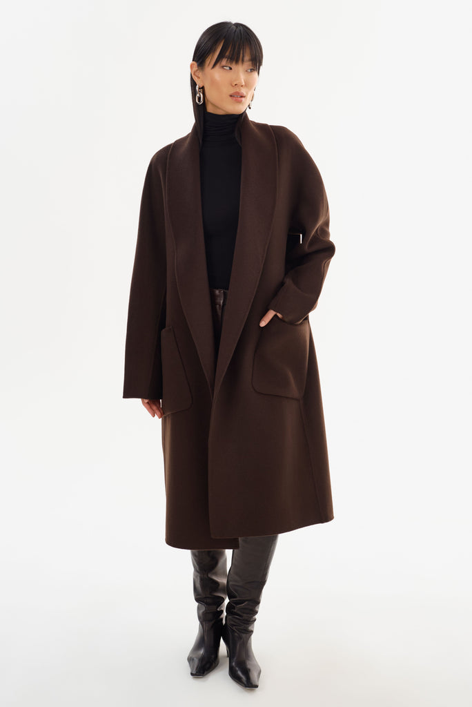From the brand LaMarque Women's Thara Double Face Shawl Collar Wool Coat in Dark Brown - abigail fashion