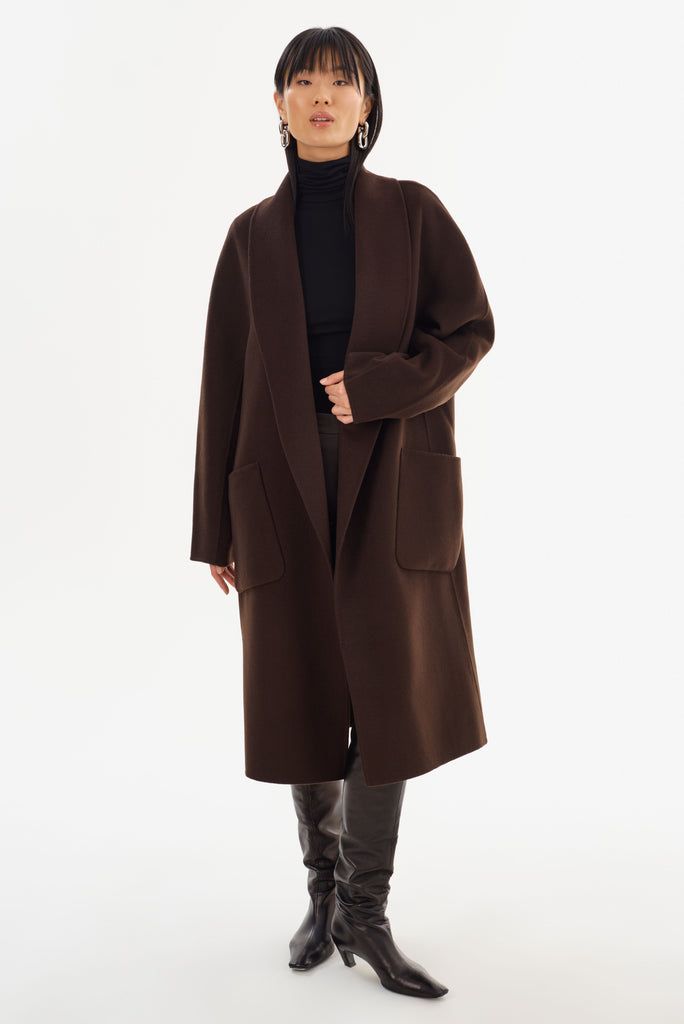 From the brand LaMarque Women's Thara Double Face Shawl Collar Wool Coat in Dark Brown - abigail fashion