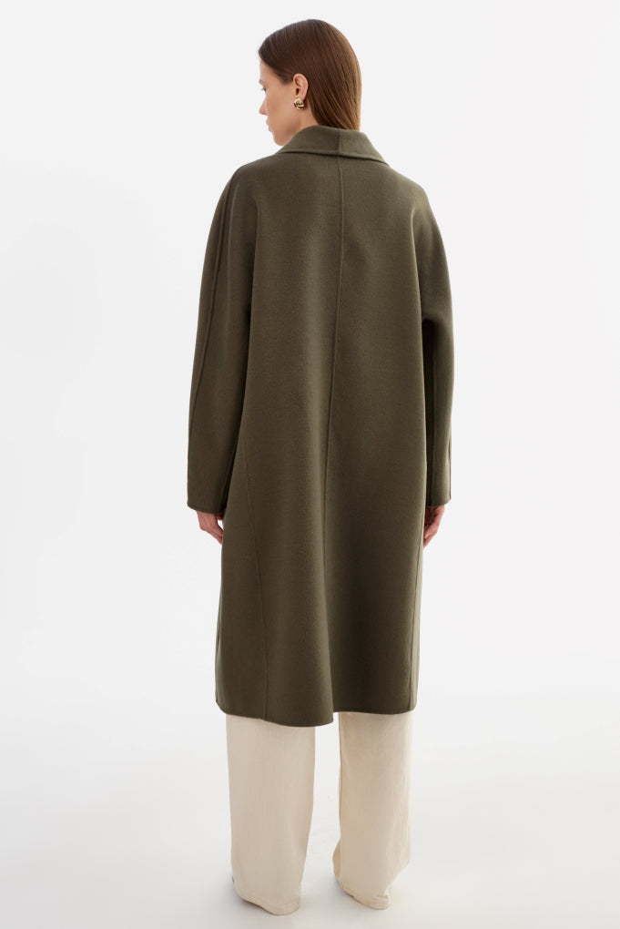 From the brand LaMarque Women's Thara Shawl Collar Double Face Wool Coat in Dark Olive - abigail fashion