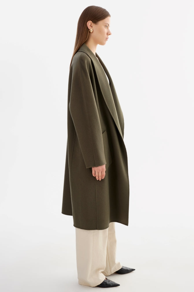 From the brand LaMarque Women's Thara Shawl Collar Double Face Wool Coat in Dark Olive - abigail fashion