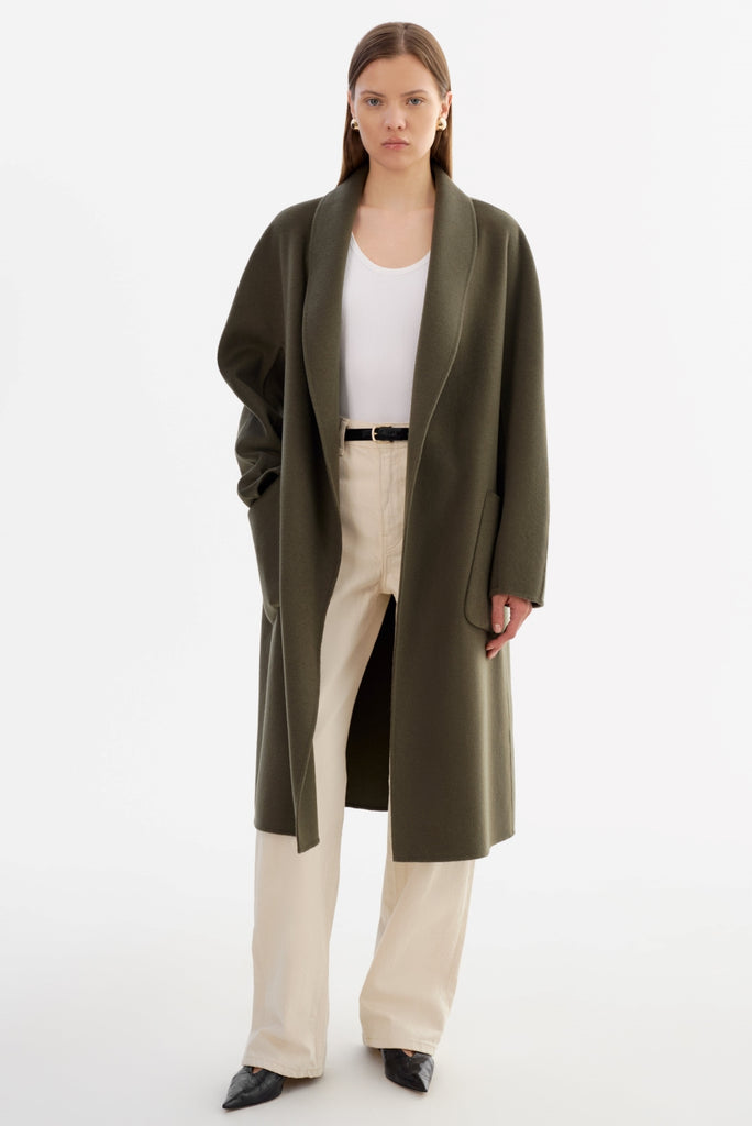 From the brand LaMarque Women's Thara Shawl Collar Double Face Wool Coat in Dark Olive - abigail fashion