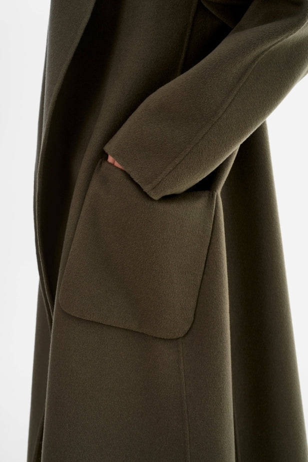 From the brand LaMarque Women's Thara Shawl Collar Double Face Wool Coat in Dark Olive - abigail fashion