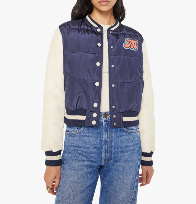 From the brand MOTHER Women's Pillow Talk Letterman Jacket in Second String - abigail fashion
