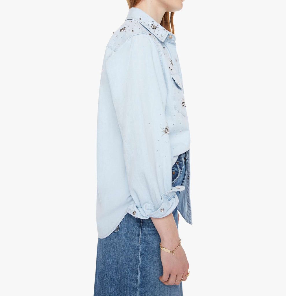From the brand MOTHER Women's The All My Exes Denim Shirt in More Is More - abigail fashion