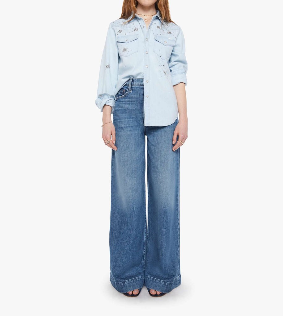From the brand MOTHER Women's The All My Exes Denim Shirt in More Is More - abigail fashion