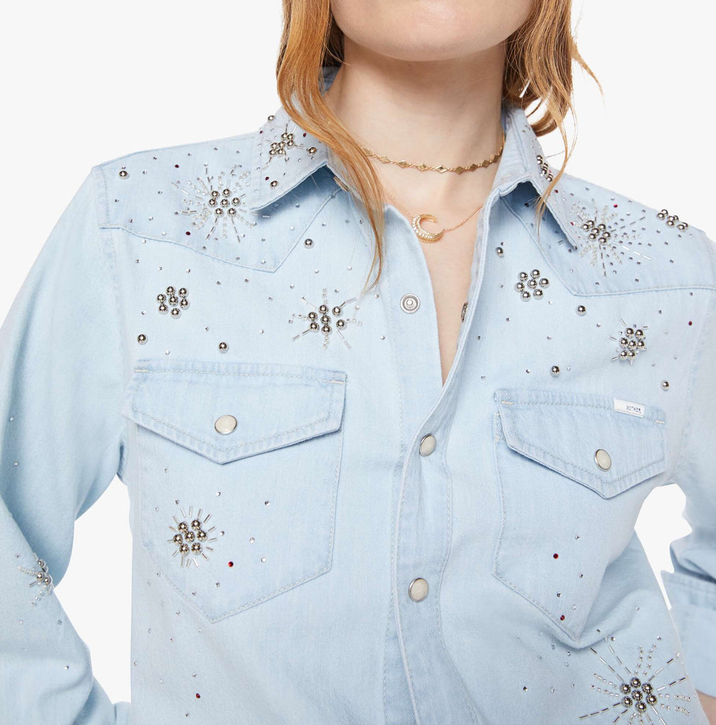 From the brand MOTHER Women's The All My Exes Denim Shirt in More Is More - abigail fashion