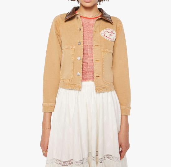From the brand MOTHER Women's The Workwear Shorty Devil Doesnt Care Jacket in Whole Wheat - abigail fashion