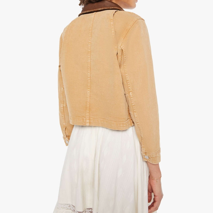 From the brand MOTHER Women's The Workwear Shorty Devil Doesnt Care Jacket in Whole Wheat - abigail fashion