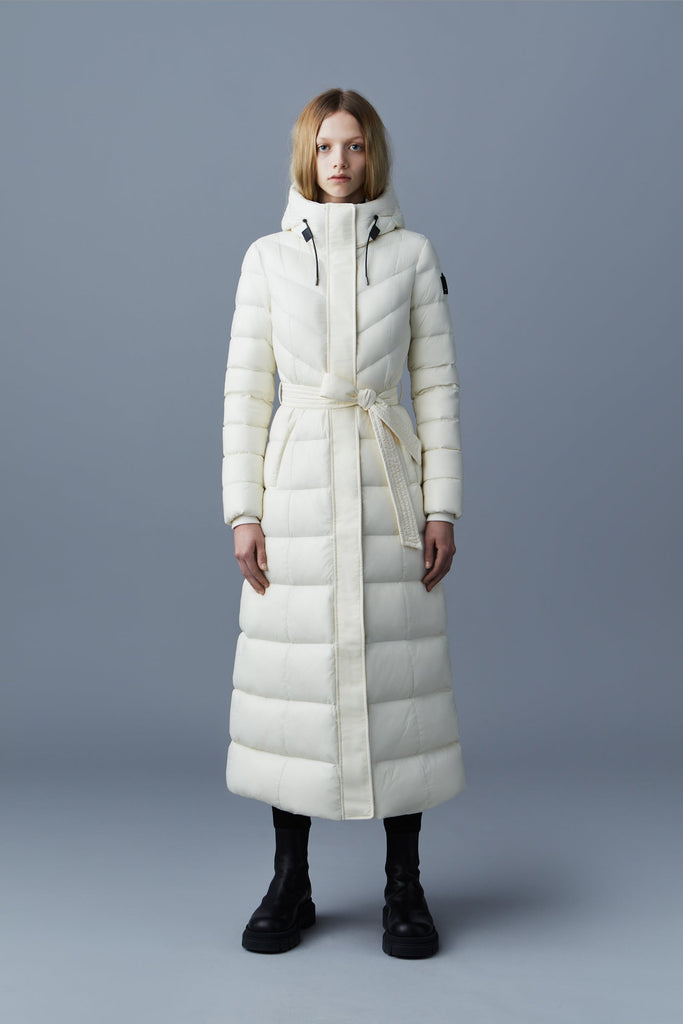 Mackage Calina-R Ladies Maxi Lightweight Down Coat With Sash Belt Cream Bach&Co