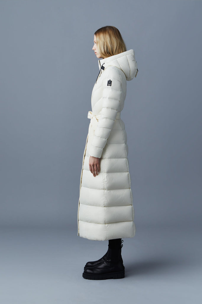 Mackage Calina-R Ladies Maxi Lightweight Down Coat With Sash Belt Cream Bach&Co