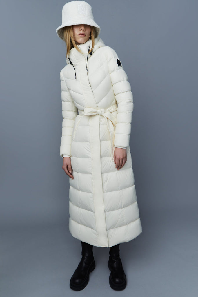 Mackage Calina-R Ladies Maxi Lightweight Down Coat With Sash Belt Cream Bach&Co