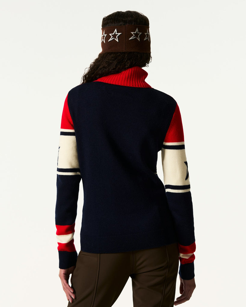 From the brand Perfect Moment Women's Schild Sweater in Red & Navy - abigail fashion