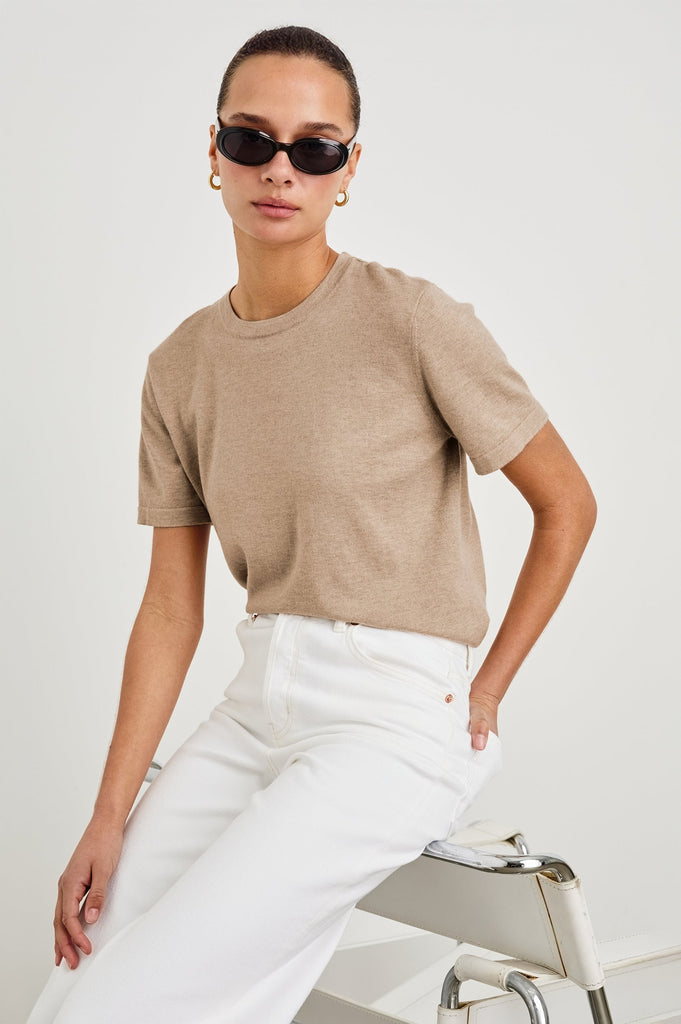 From the brand Rails Women's Cotton Cashmere Short Sleeve Tee in Heather-Oat - abigail fashion