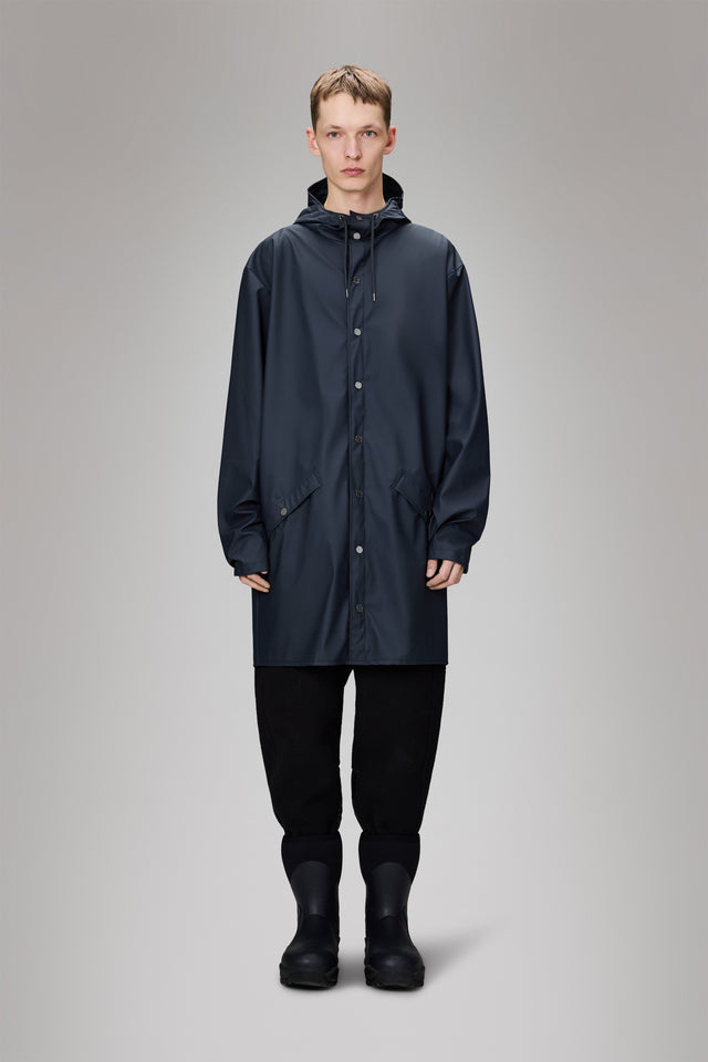 From the brand Rains Unisex Long Classic Rain Jacket W3 in Navy - abigail fashion