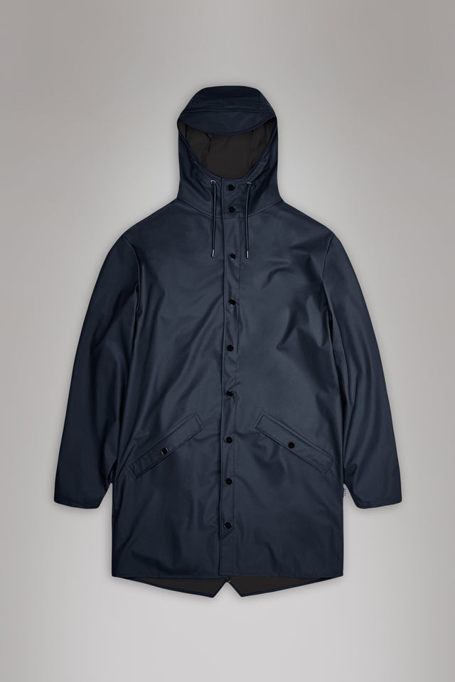 From the brand Rains Unisex Long Classic Rain Jacket W3 in Navy - abigail fashion