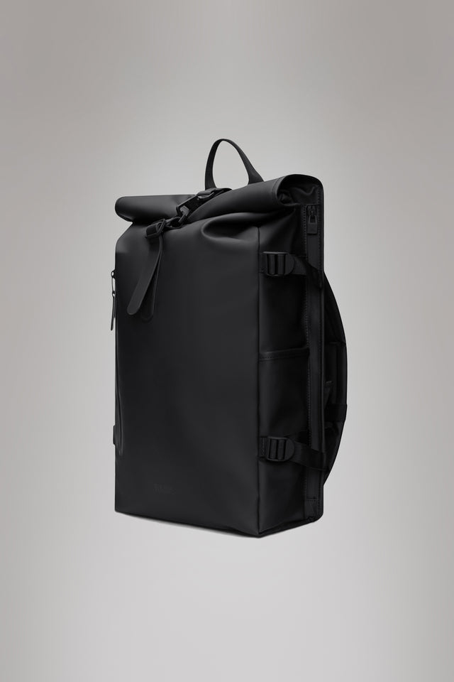 From the brand Rains Unisex Rolltop Rucksack Large W3 in Black - abigail fashion