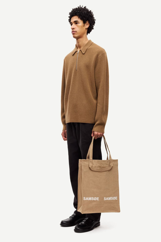 From the brand Samsøe Samsøe Women's Saisaks Hz Polo Sweater in Otter - abigail fashion