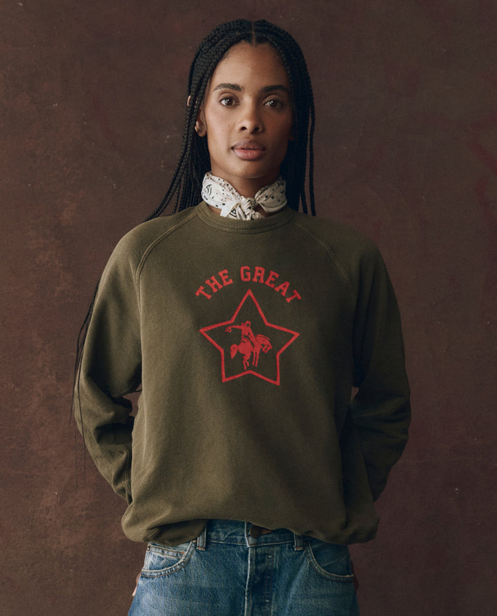 The Great Women's The College Sweatshirt With Rodeo Star Graphic Dark Army with Rodeo Star Graphic - abigail fashion