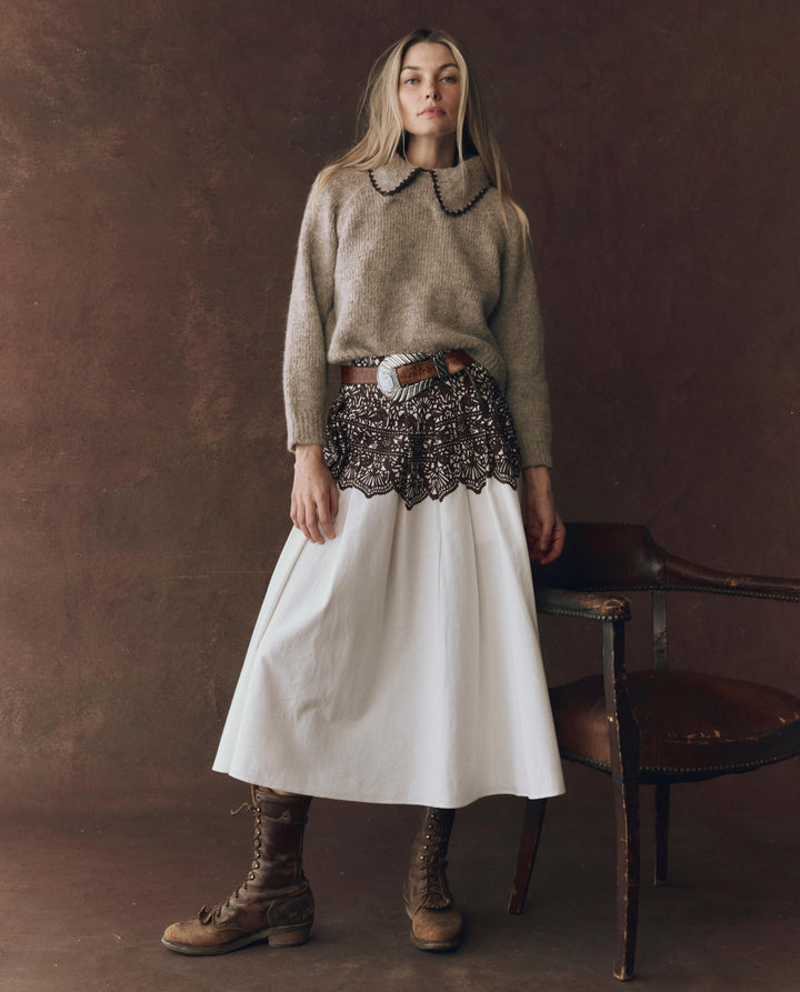 The Great Women's The Crochet Collar Pullover Oat with Brown - abigail fashion