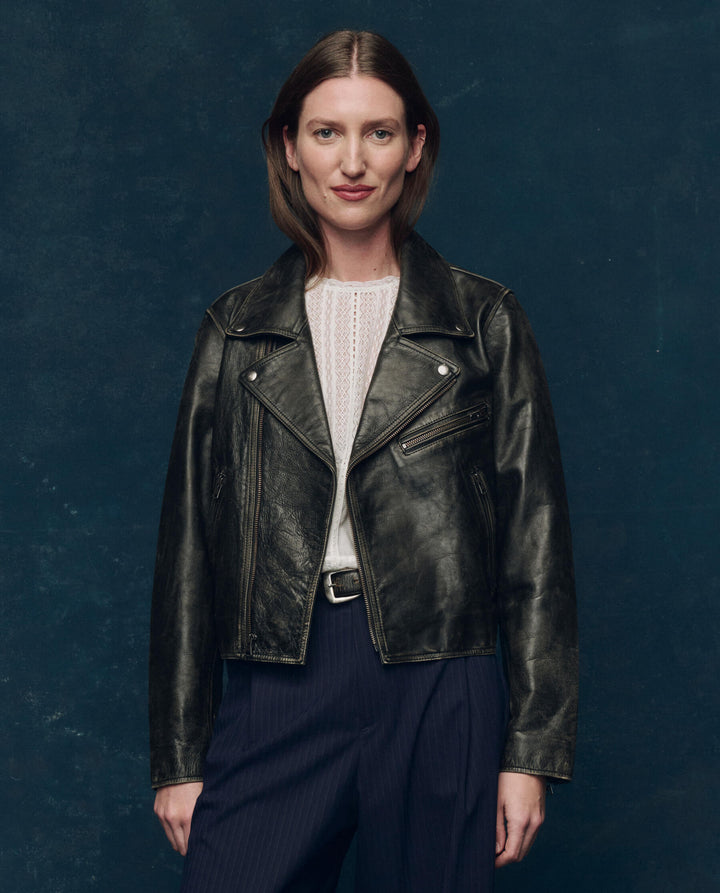 The Great Women's The Perfect Leather Jacket Worn Black - abigail fashion