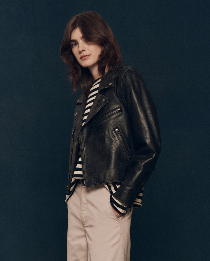The Great Women's The Perfect Leather Jacket Worn Black - abigail fashion