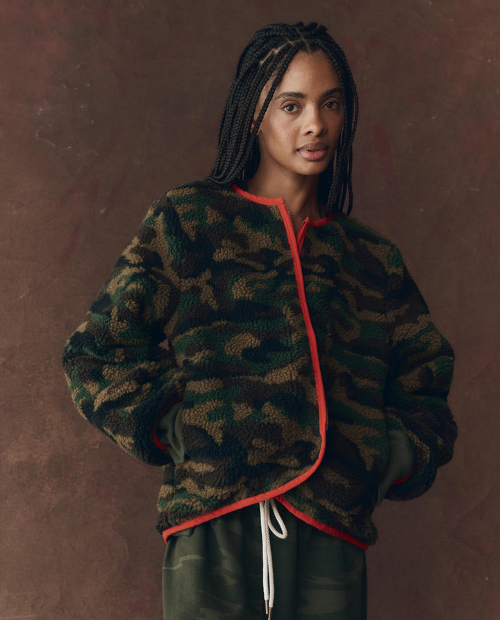 The Great Women's The Reversible Plush Bomber Camo and Hot Red - abigail fashion