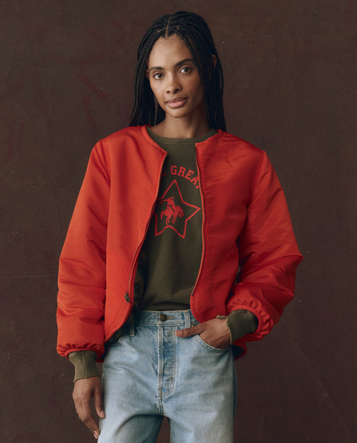 The Great Women's The Reversible Plush Bomber Camo and Hot Red - abigail fashion