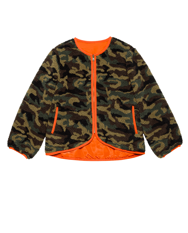 The Great Women's The Reversible Plush Bomber Camo and Hot Red - abigail fashion