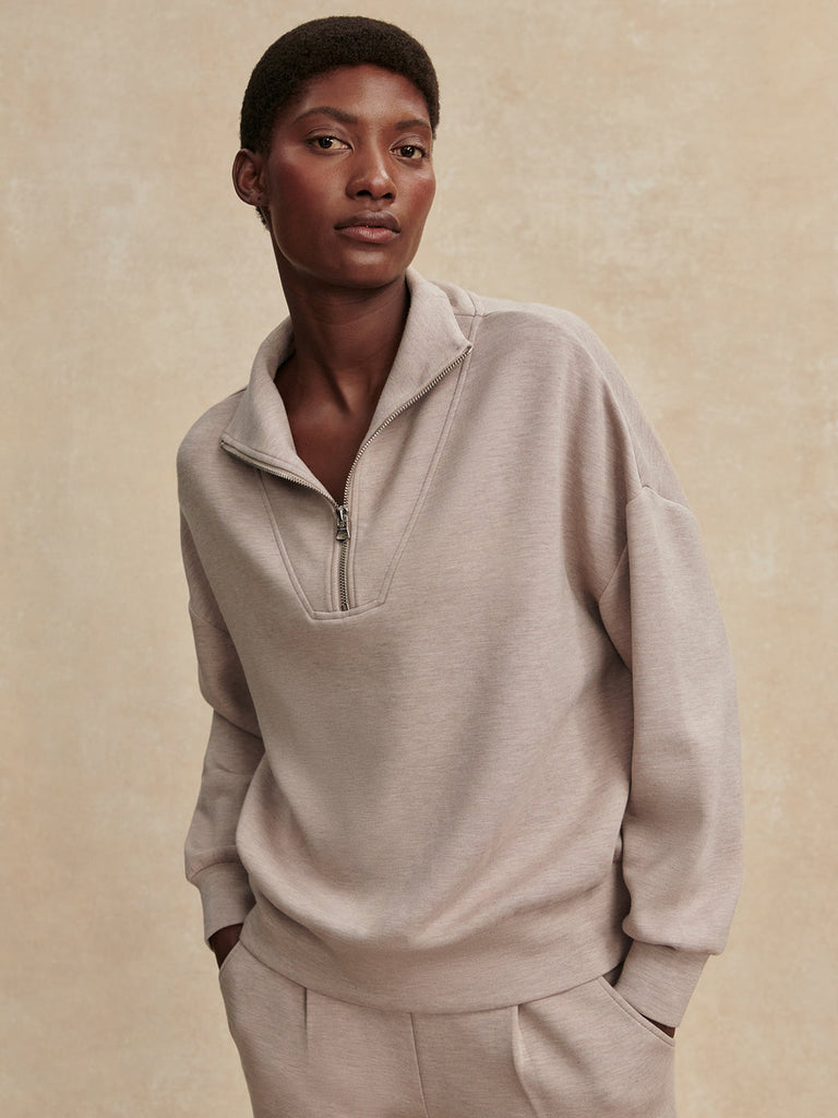 From the brand Varley Women's Hawley Half Zip Sweatshirt in Taupe Marl - abigail fashion