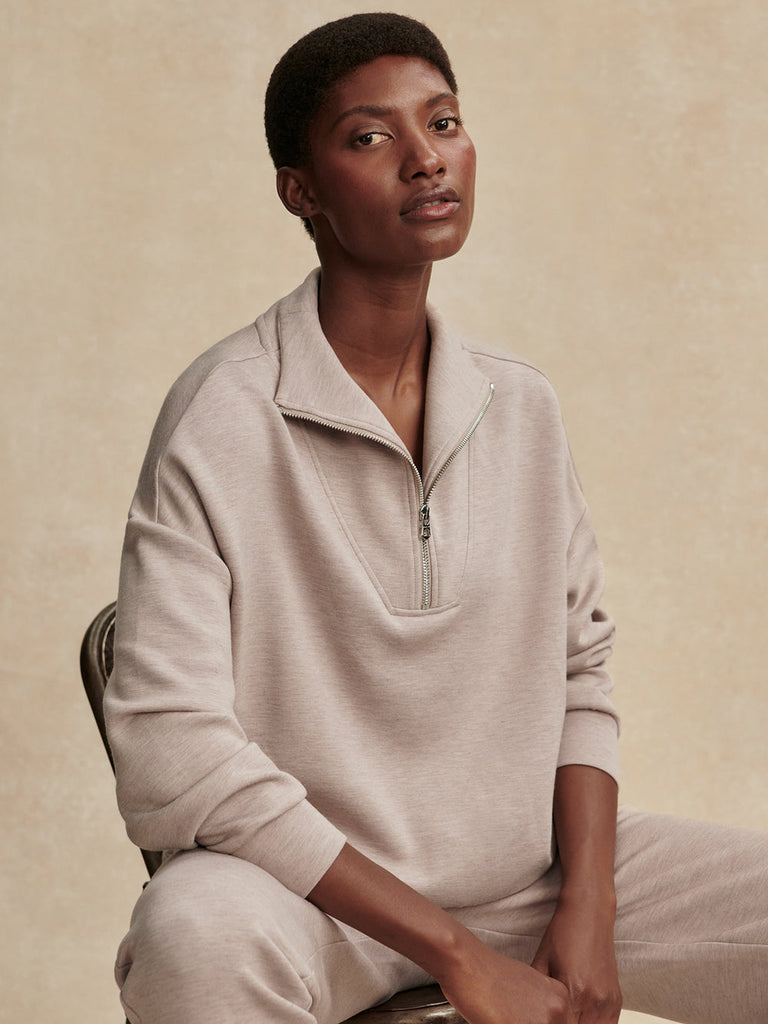 From the brand Varley Women's Hawley Half Zip Sweatshirt in Taupe Marl - abigail fashion