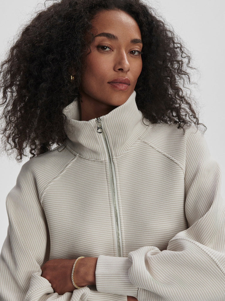 From the brand Varley Women's Milano Half Zip Sweatshirt 2.0 in Silver Grey/Snow White - abigail fashion